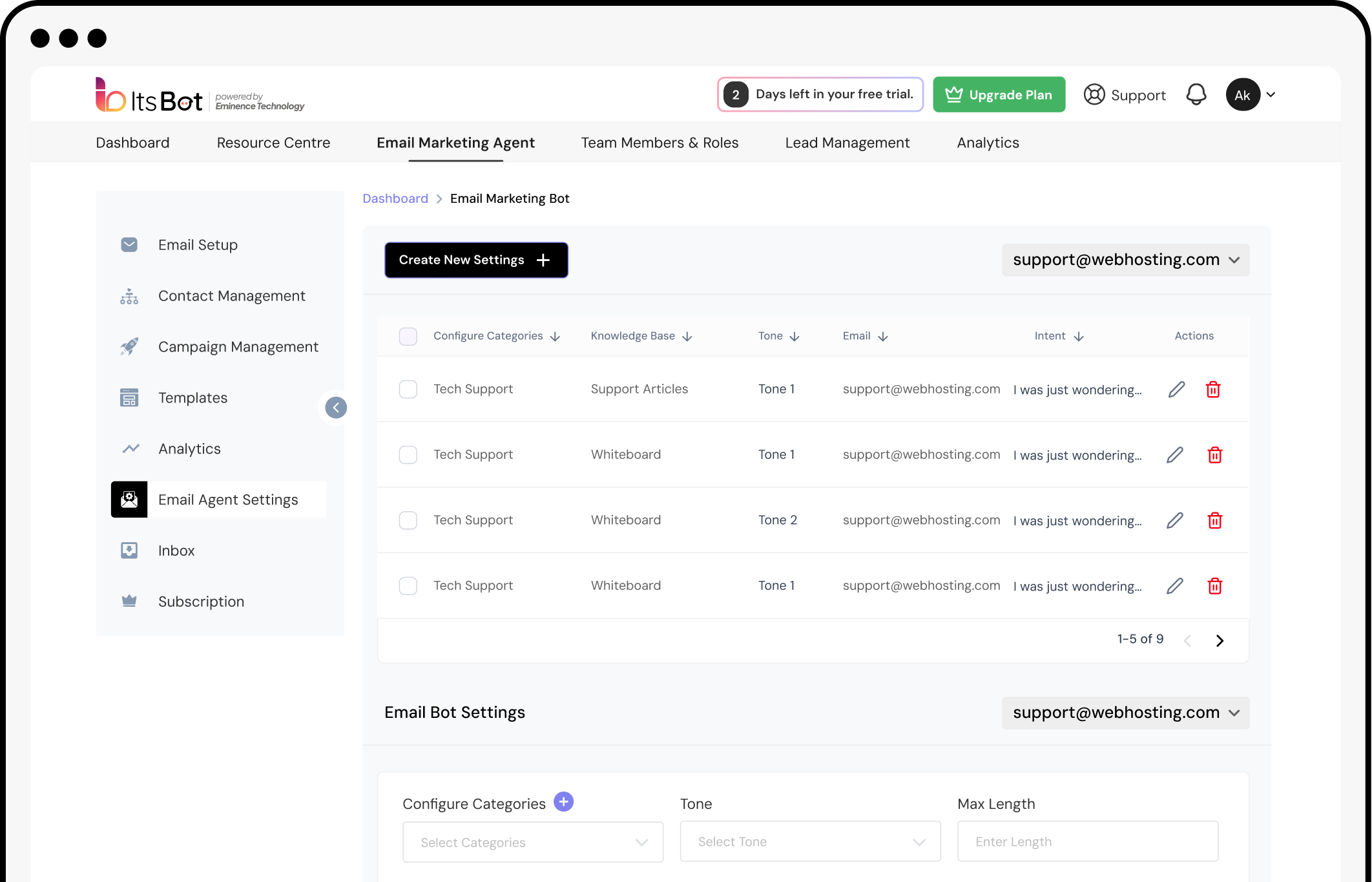 Email agent settings